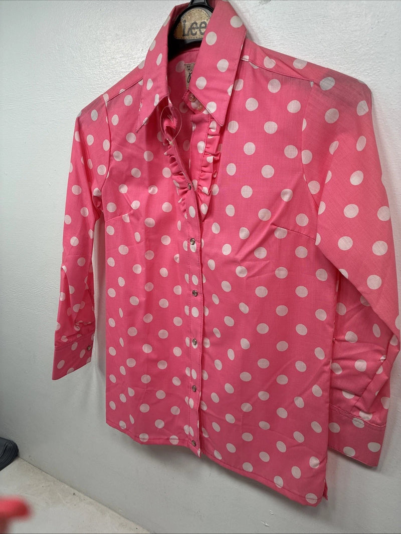 New Women’s Rockmount Pink Polkadot Long Sleeve Pearl Snap Size 30 YY-24