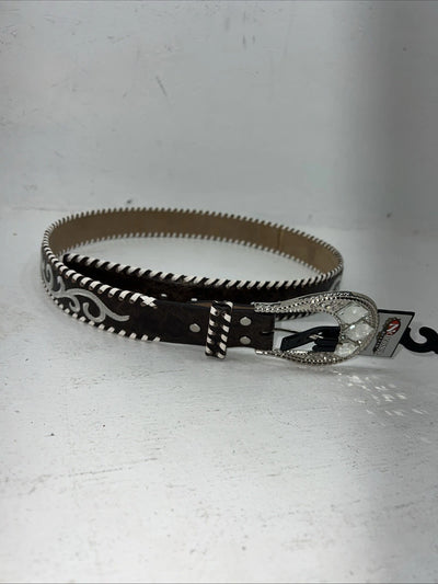 New Geniune Leather Nocona Brown White Belt Large #N3488802 W-9