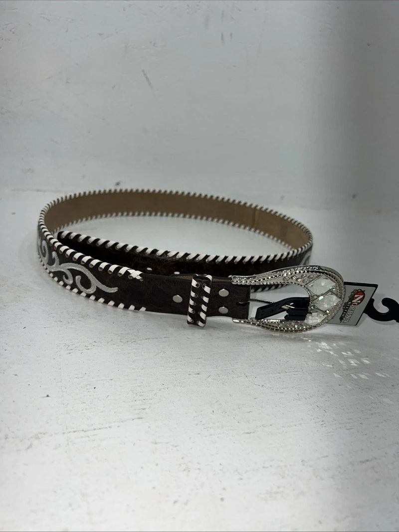 New Geniune Leather Nocona Brown White Belt Large #N3488802 W-9