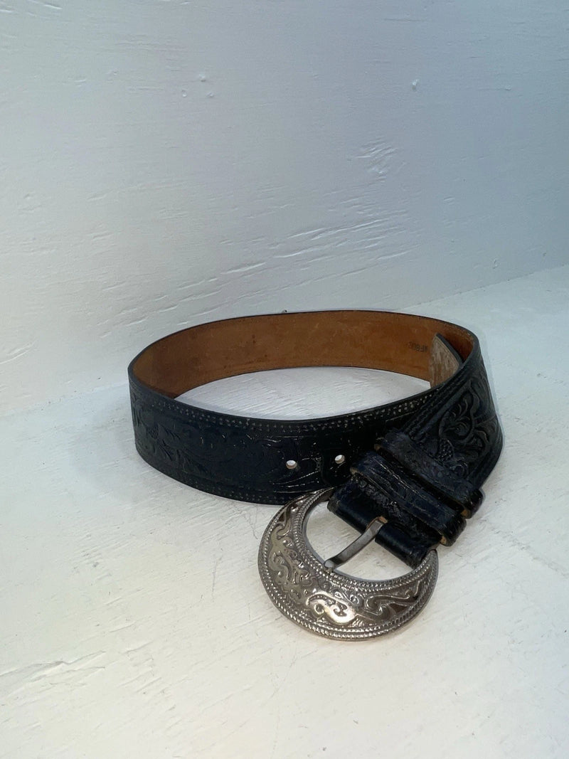 New Black Genuine Leather Tooled 28” Belt #WF809 NN-47