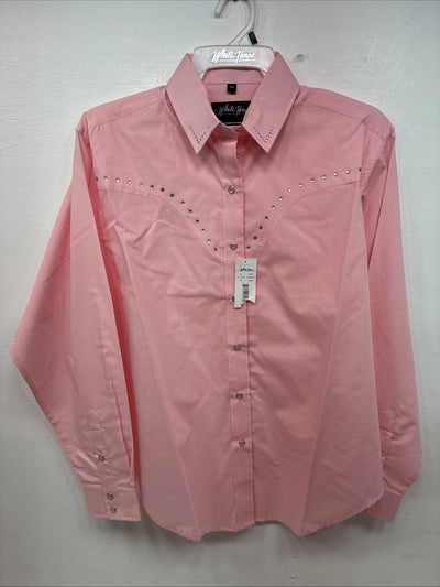 New Women’s White Horse Pink Gem Long Sleeve Pearl Snap Medium KK-95