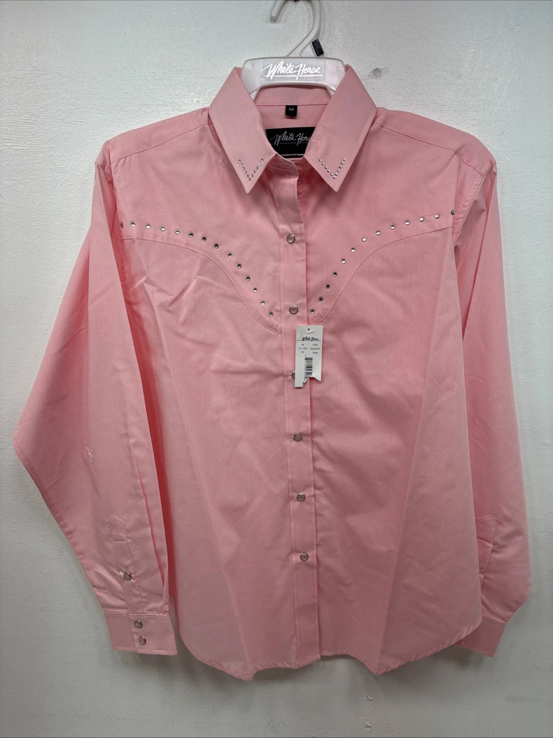 New Women’s White Horse Pink Gem Long Sleeve Pearl Snap Medium KK-95