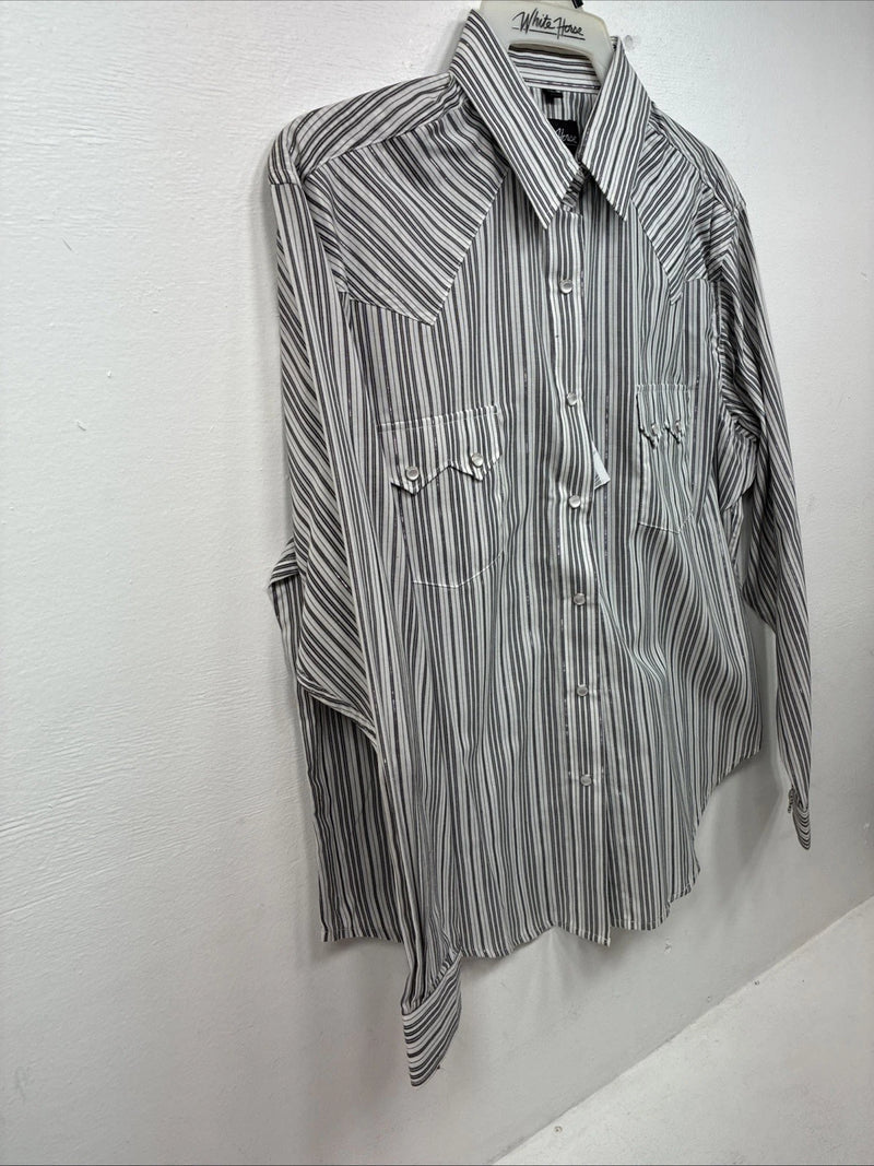 New Women’s White Horse Black White Stripe Long Sleeve Pearl Snap Medium LL-80