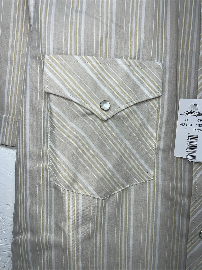 New Men’s White Horse Tan Striped Short Sleeve Pearl Snap Small B-40
