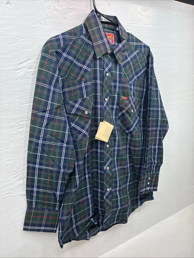 New Men’s ELY Plains Green Multicolor Plaid Long Sleeve Pearl Snap Medium M-45