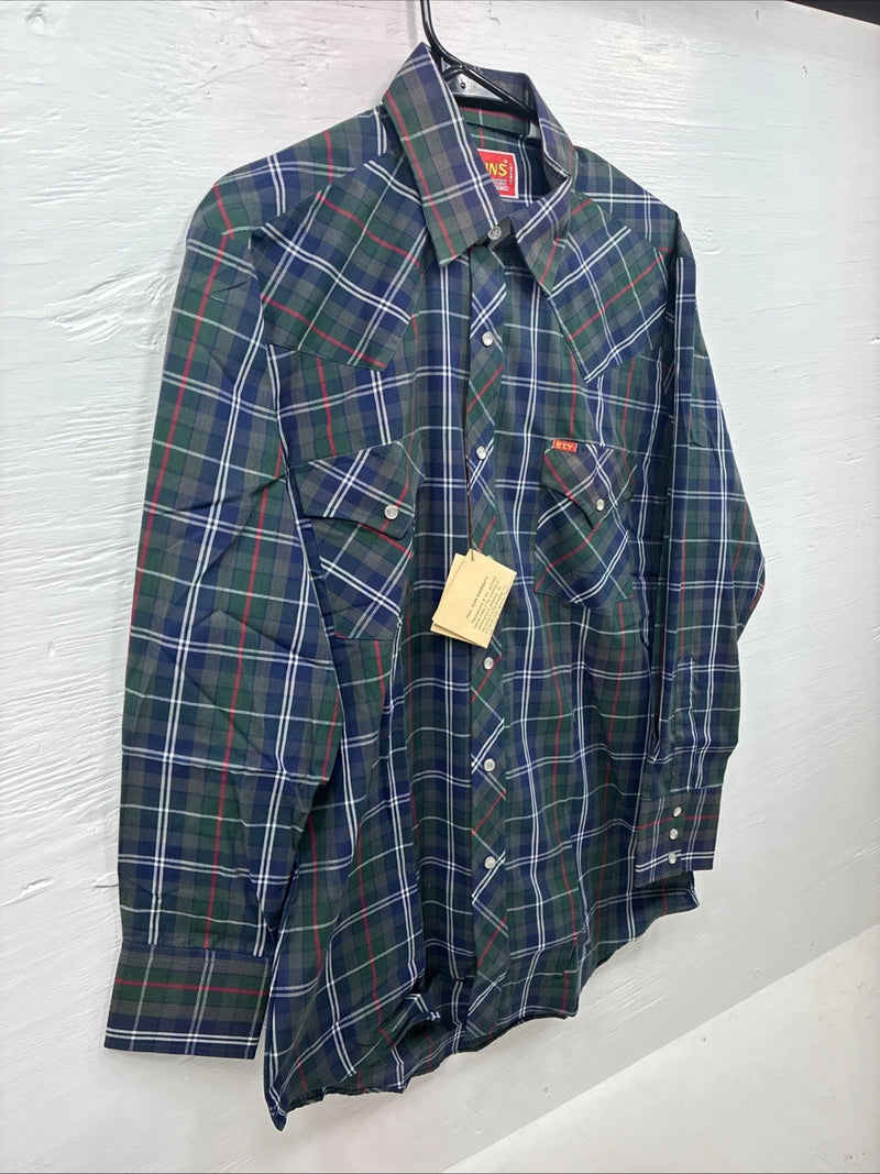 New Men’s ELY Plains Green Multicolor Plaid Long Sleeve Pearl Snap Medium M-45