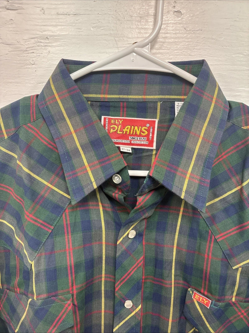 New Men’s ELY Plains Green Plaid Long Sleeve Pearl Snap 17 X 34 XL T-24