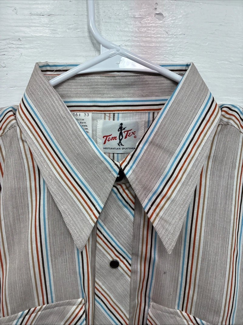 New Men’s Tem Tex Brown Stripe Long Sleeve Pearl Snap 16.5 X 33 Large V-24