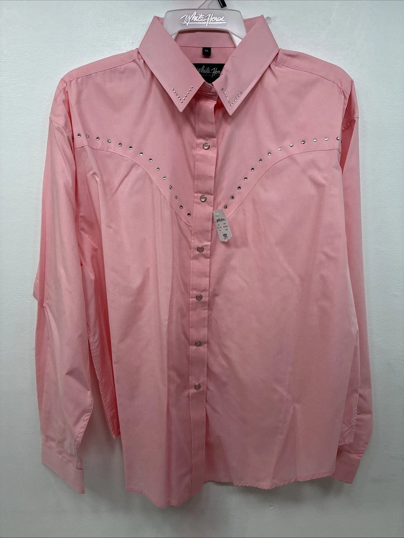 New Women’s White Horse Pink Gem Long Sleeve Pearl Snap XL II-38
