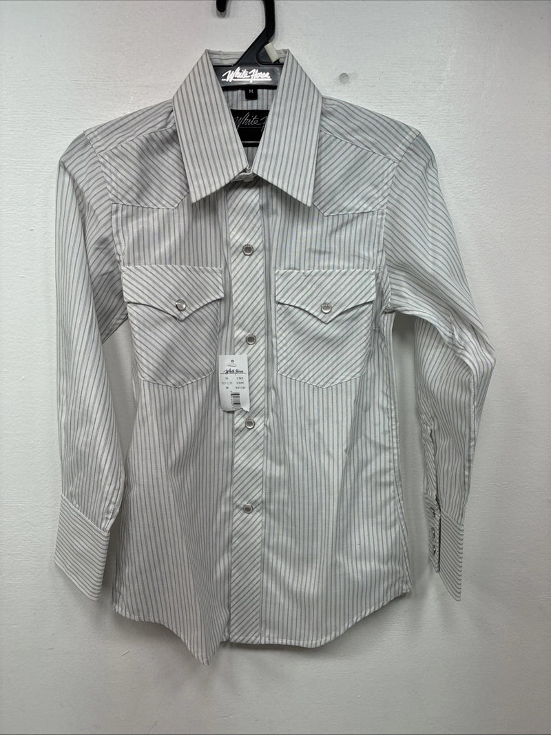 New Boys White Horse Grays Stripe Long Sleeve Pearl Snap Medium DD-119