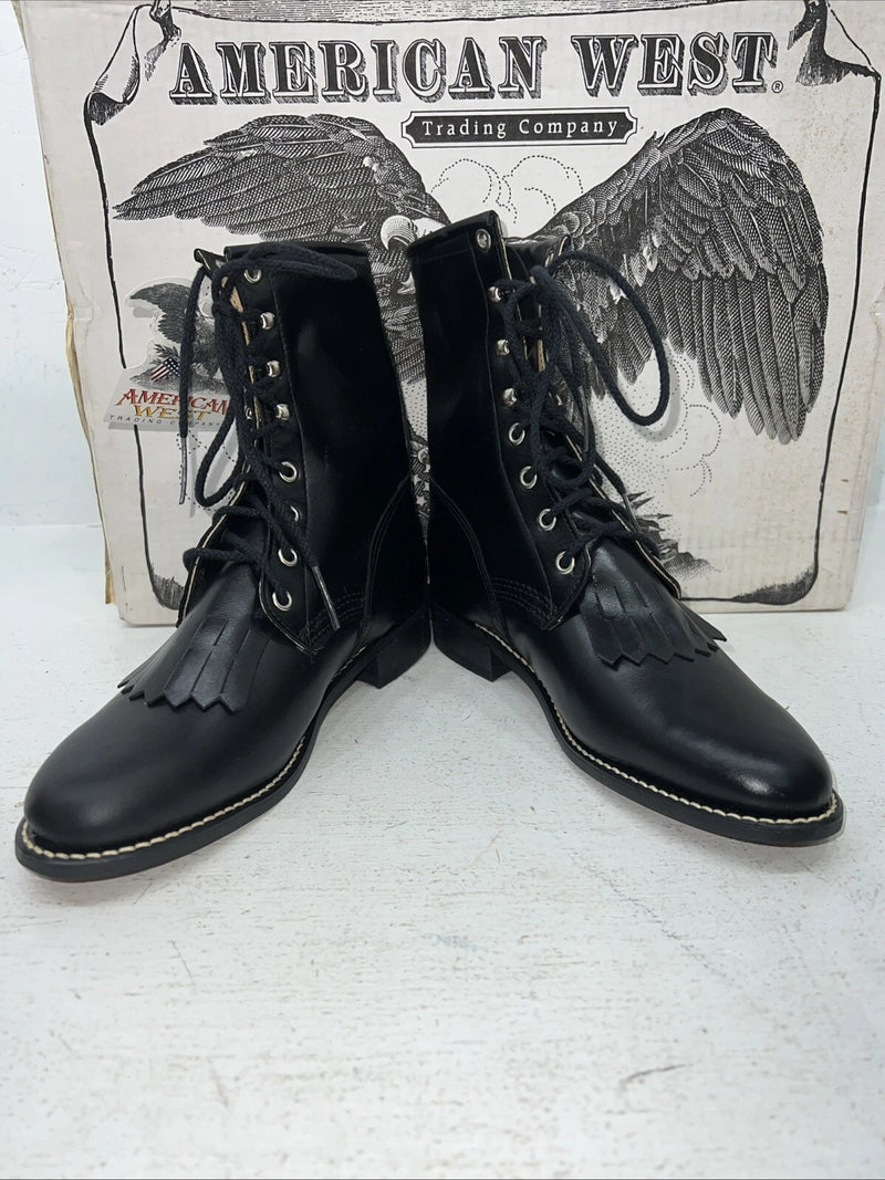 New Women’s Black Lace Up American West Cowboy Boots. 5991 7.5 7 1/2 W. 17-53