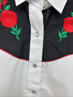 New Women’s Country Charmer White Rose Design Long Sleeve Pearl Snap Large KK-86