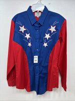 New Women’s Country Charmer Red Blue Long Sleeve Pearl Snap Large MM-65