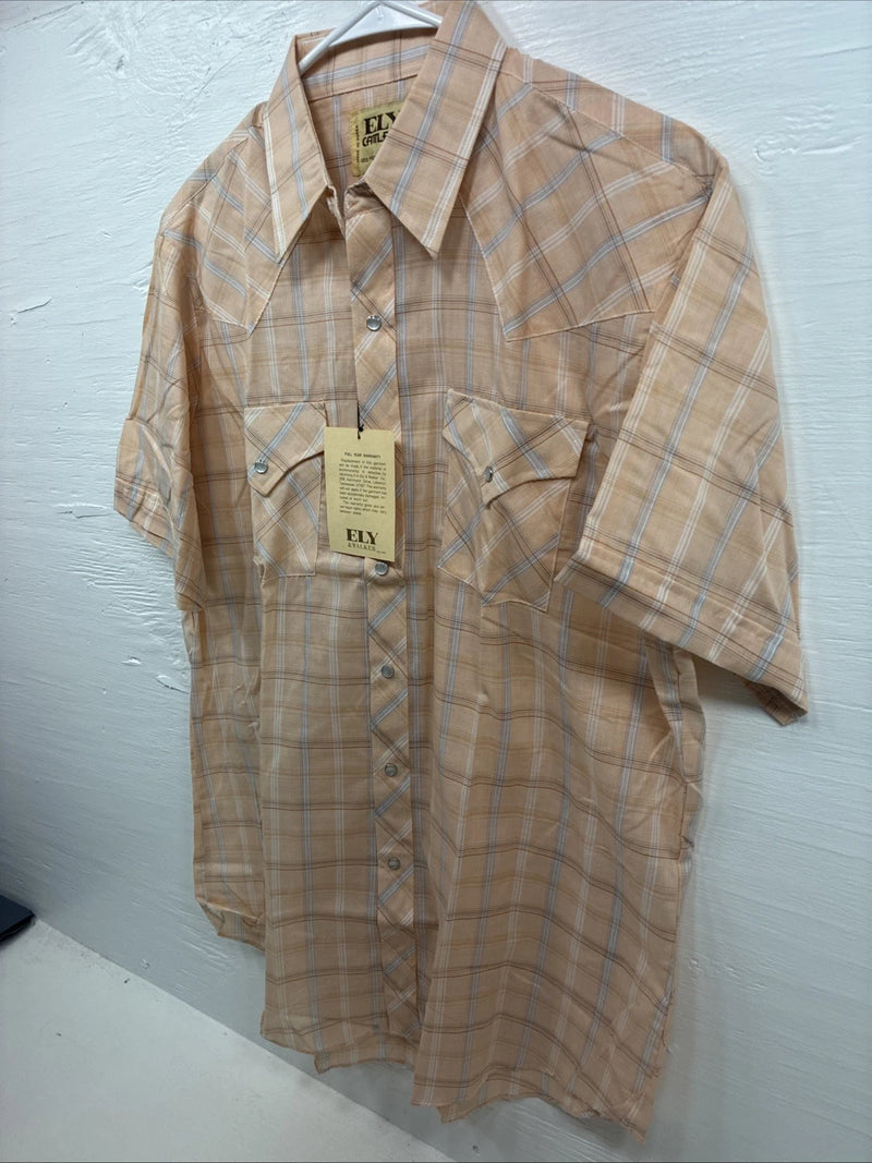 New Men’s ELY Cattleman Orange Plaid Short Sleeve Pearl Snap Large X-28
