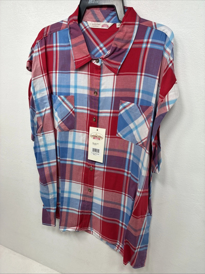 New Women’s Cumberland Red Blue Plaid Short Sleeve Button Up XL GG-21