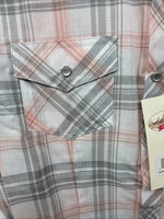 New Women’s Cumberland Gray Pink Plaid Short Sleeve Pearl Snap Medium LL-106
