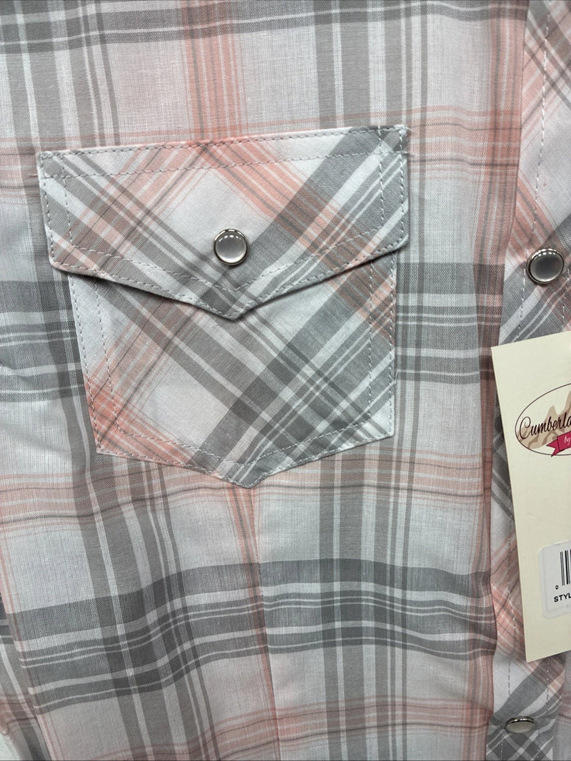 New Women’s Cumberland Gray Pink Plaid Short Sleeve Pearl Snap Medium LL-106