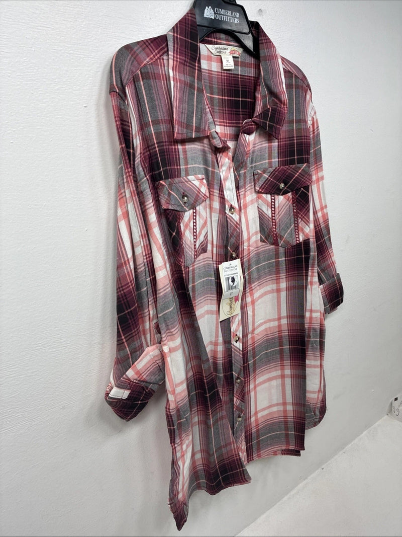New Women’s Cumberland Pink Plaid Long Sleeve Pearl Snap XL GG-66