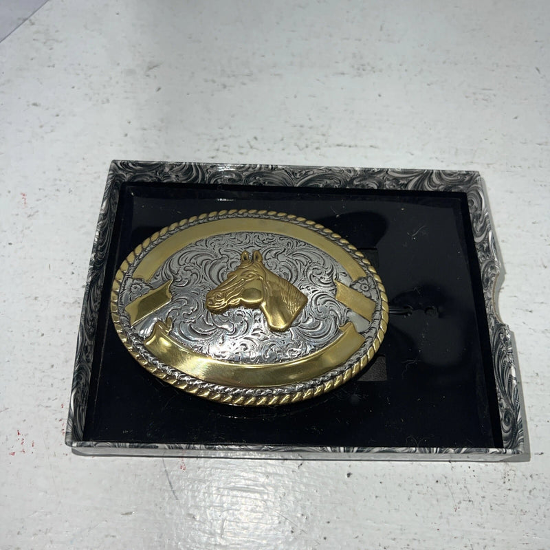New Women’s Crumrine Gold Silver Horse Head Belt Buckle. 3806607 A-112