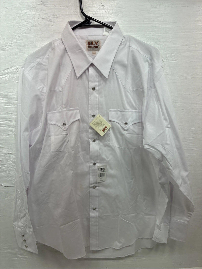 New Men’s ELY Cattleman Western White Long Sleeve Pearl Snap 17 X 35 XL V-46
