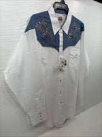 New Men’s ELY Cattleman White Blue Embroidered Long Sleeve Pearl Snap 2XL H-29