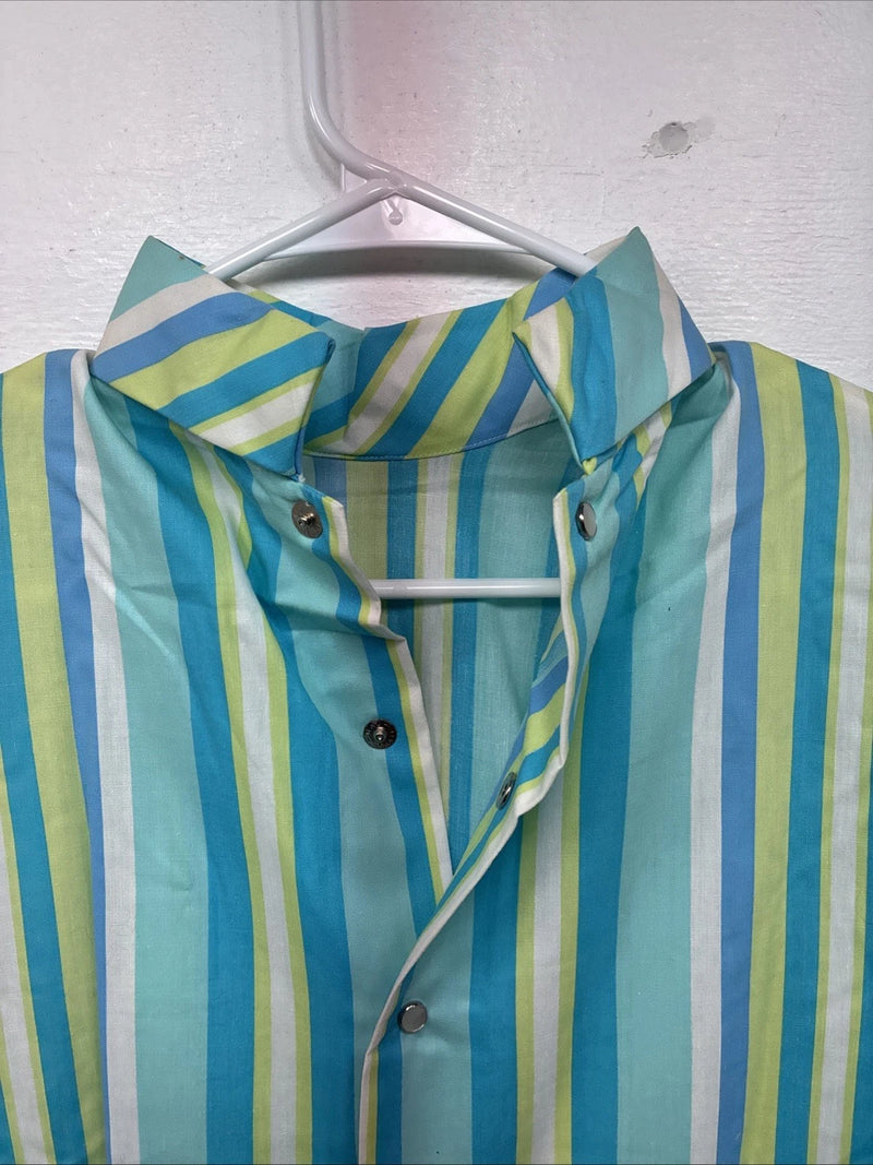 New Women’s Karman Blue Green Stripe Long Sleeve Pearl Snap Medium TT-59