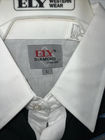 New Mens White ELY Diamond Long Sleeve Pearl Snap Shirt. Large P-56