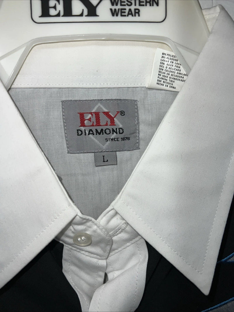 New Mens White ELY Diamond Long Sleeve Pearl Snap Shirt. Large P-56