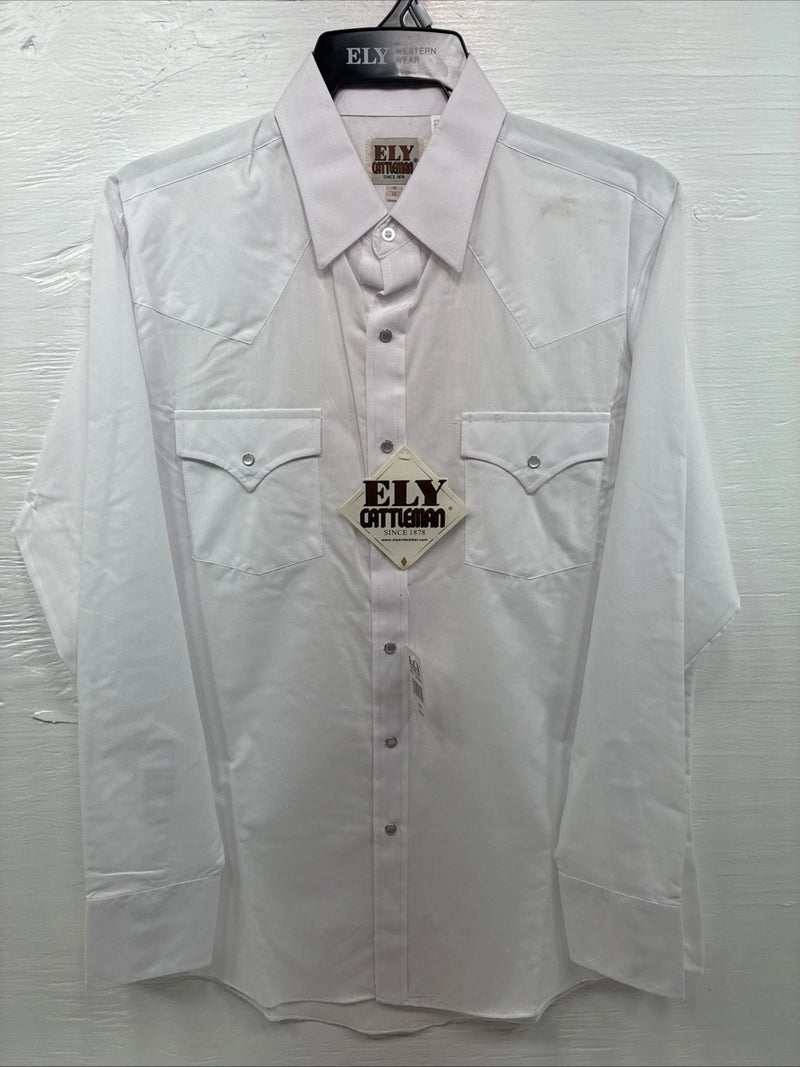 New Men’s ELY Cattleman White Western Long Sleeve Pearl Snap 16 X 35 Large T-62