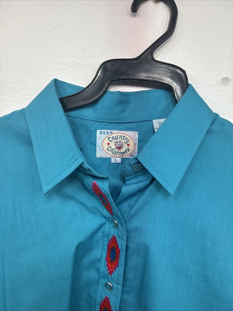 New Women’s Country Charmers Teal Long Sleeve Pearl Snap Large GG-1