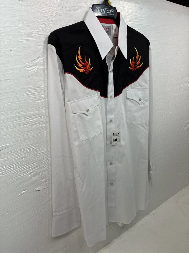 New Men’s ELY Diamond White Fire Design Long Sleeve Pearl Snap Large AA-15