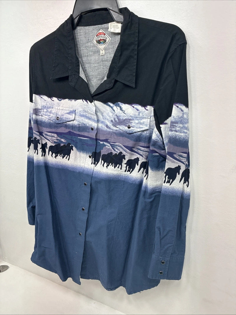 New Women’s Cumberland Multicolor Horse Design Long Sleeve Pearl Snap 2XL GG-42