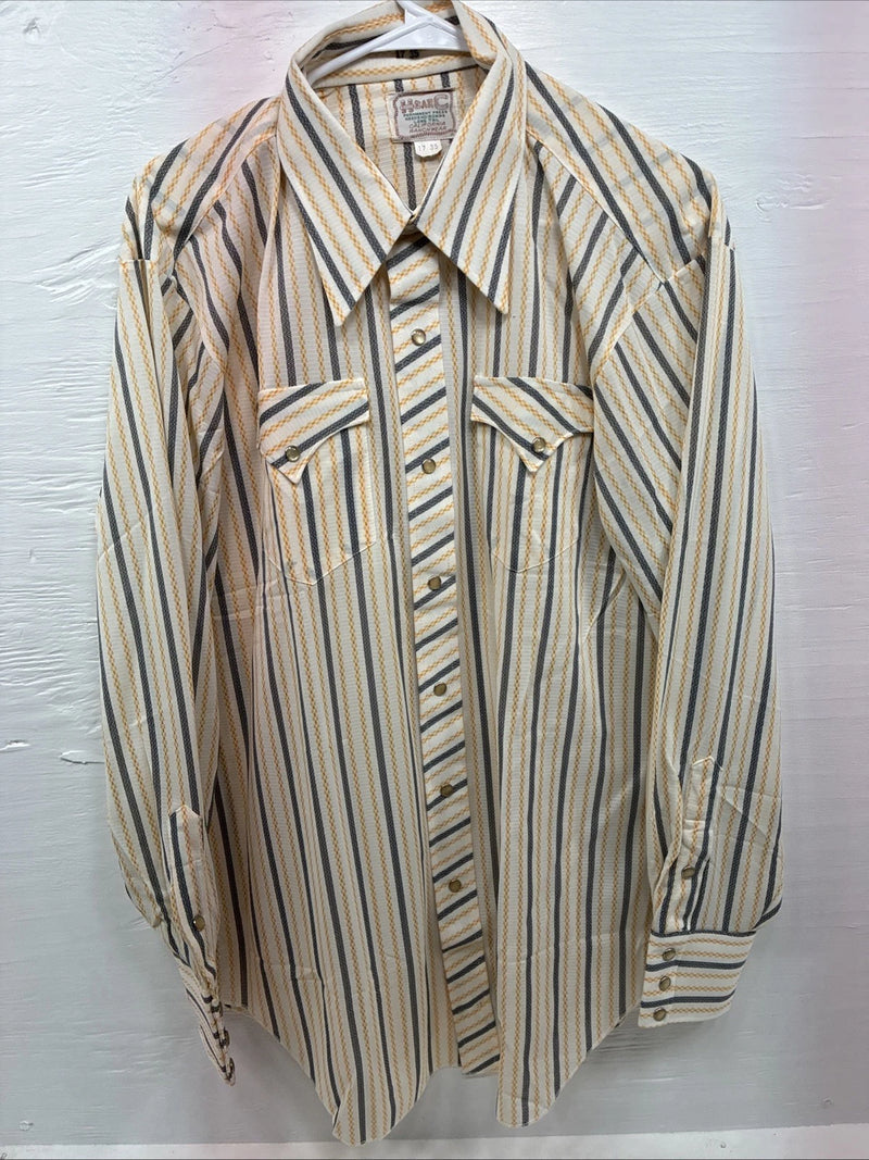 New Men’s H Bar C Yellow Black Stripe Long Sleeve Pearl Snap 17 XL O-29