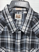 New Men’s ELY Cattleman Grey Black Short Sleeve Pearl Snap 3XL E-40