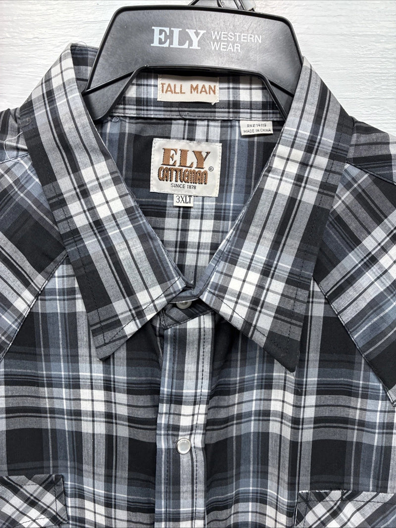 New Men’s ELY Cattleman Grey Black Short Sleeve Pearl Snap 3XL E-40