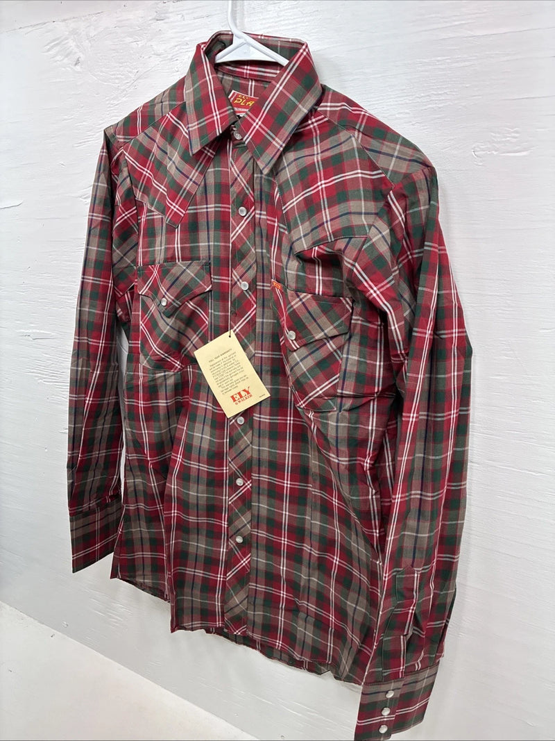 New Men’s ELY Plains Red Plaid Long Sleeve Pearl Snap 14.5 X 33 Small AA-94