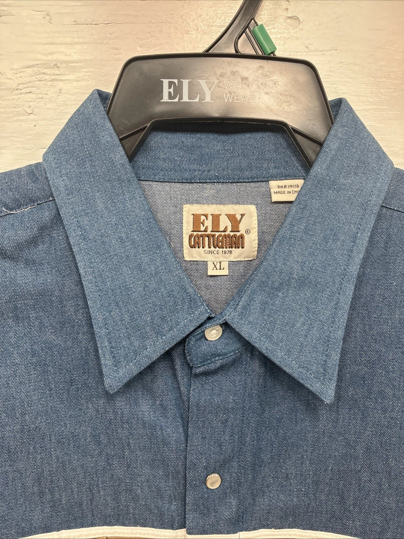 New Men’s ELY Cattleman White Blue Tan Western Long Sleeve Pearl Snap XL R-55