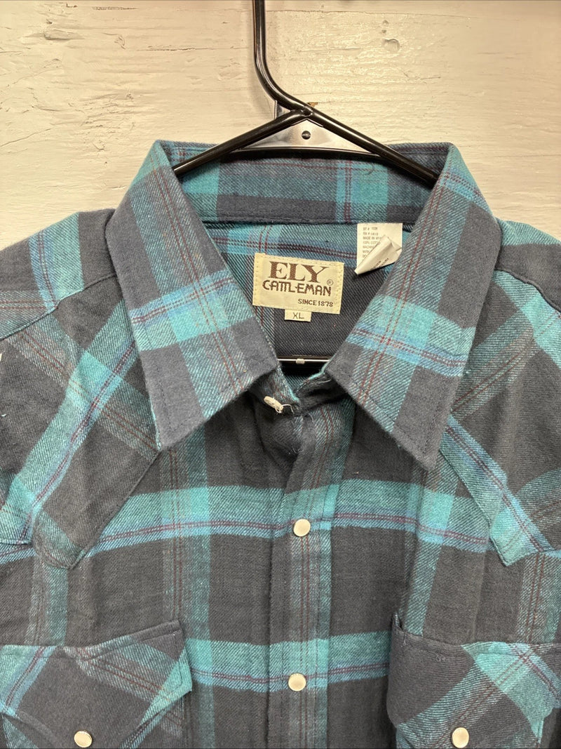 New Men’s ELY Cattleman Blue Plaid Long Sleeve Pearl Snap XL H-74