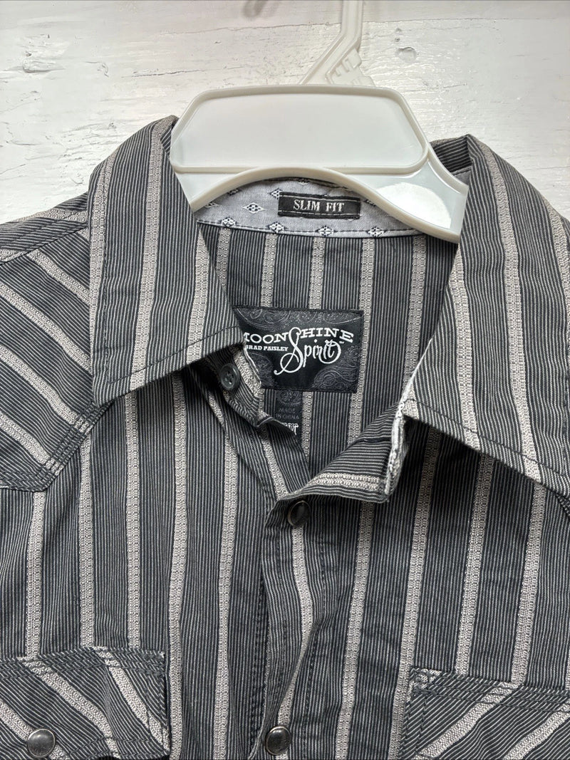 New Men’s Moonshine Spirit Gray Stripe Long Sleeve Pearl Snap Medium K-71
