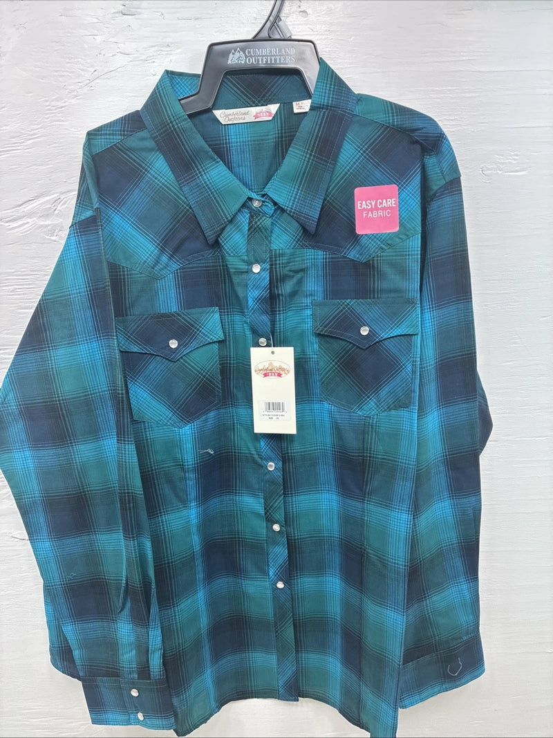 New Girls Cumberland Blue Plaid Long Sleeve Pearl Snap 3XL CC-112