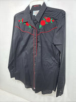New Women’s Country Charmers Black Rose Long Sleeve Pearl Snap Large LL-96