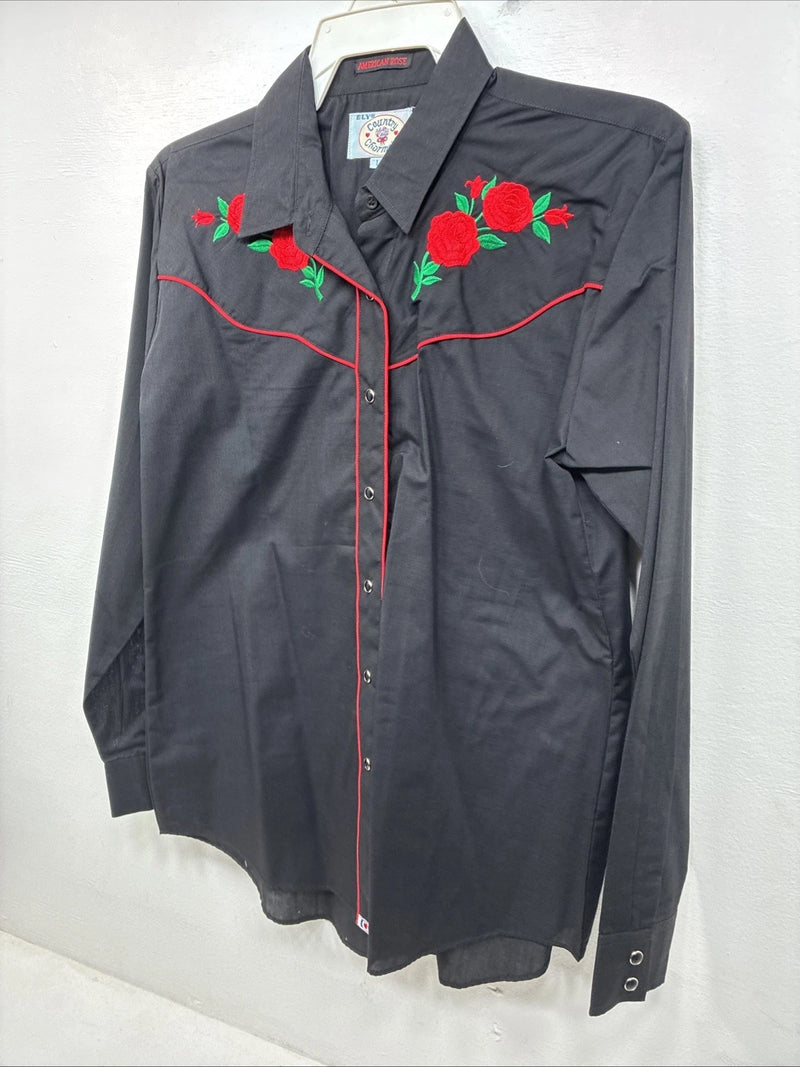 New Women’s Country Charmers Black Rose Long Sleeve Pearl Snap Large LL-96