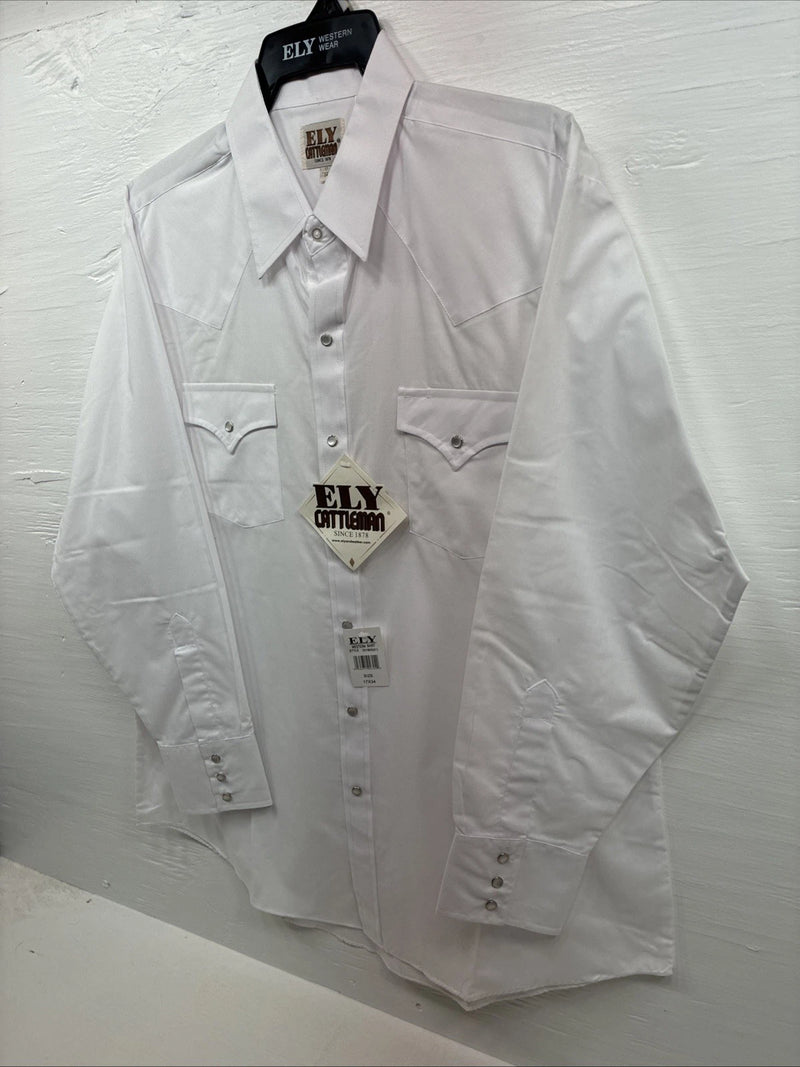 New Men’s ELY Cattleman White Simple Long Sleeve Pearl Snap 17 XL O-65