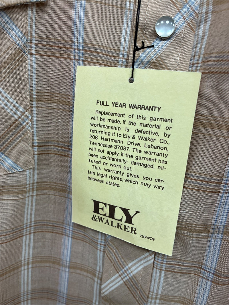 New Men’s ELY Cattleman Tan Plaid Short Sleeve Pearl Snap Medium Short K-70