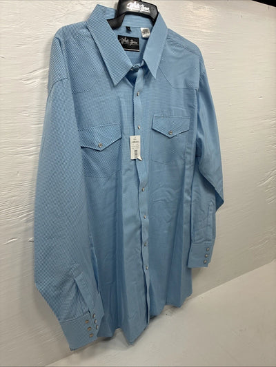 New Men’s White Horse Blue Checkered Long Sleeve Pearl Snap 2XL H-28