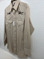 New Men’s White Horse Brown Embroidered Long Sleeve Pearl Snap Medium K-59