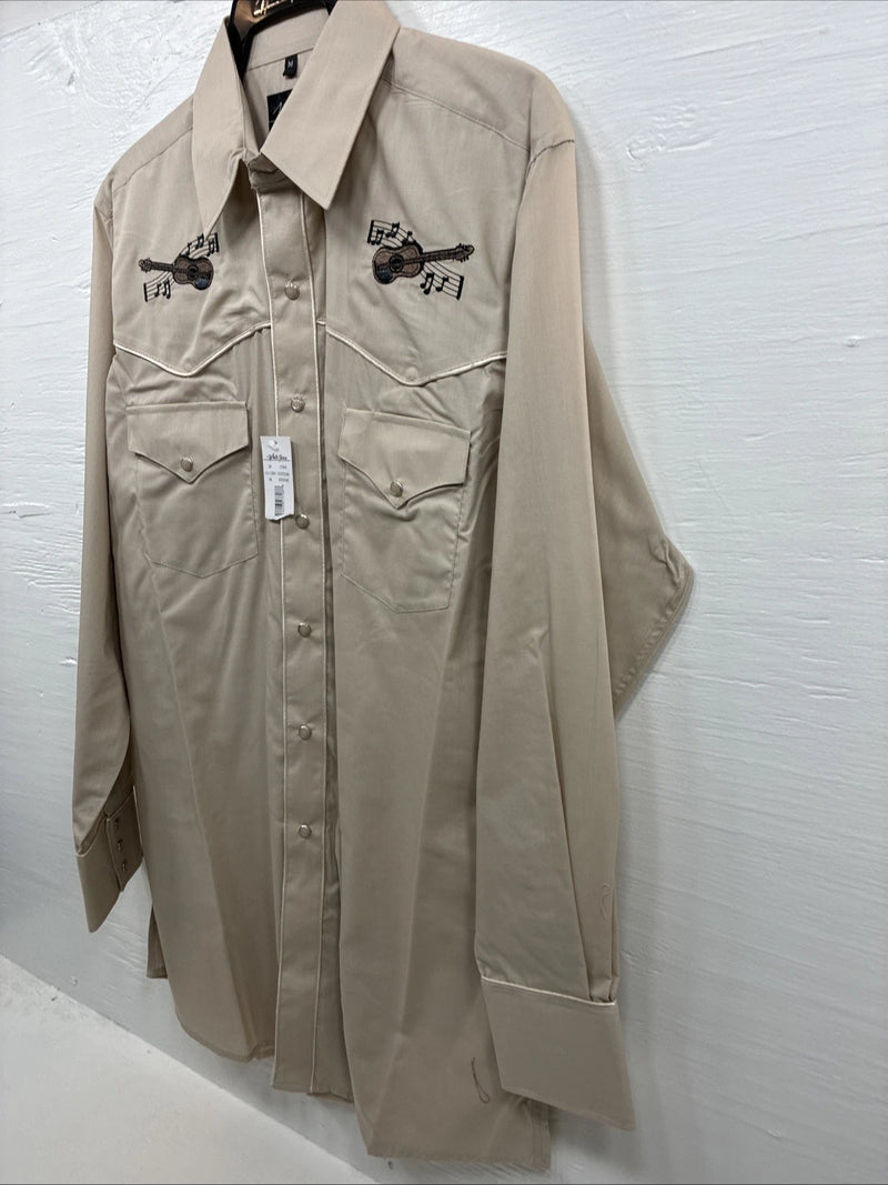 New Men’s White Horse Brown Embroidered Long Sleeve Pearl Snap Medium K-59
