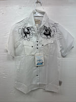 New Kids Rockmount White Black Design Short Sleeve Pearl Snap Size 32 CC-103