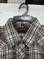 New Men’s White Horse Brown Plaid Long Sleeve Pearl Snap XL O-48