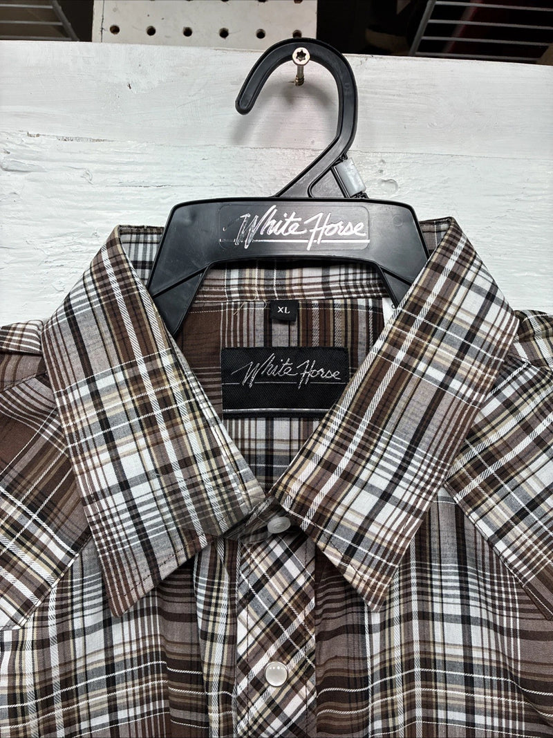 New Men’s White Horse Brown Plaid Long Sleeve Pearl Snap XL O-48